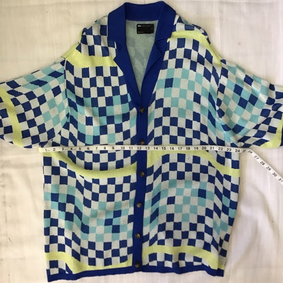 ASOS DESIGN MEN BLUE CHECKEREDBOARD KNITTED OVERSIZED BUTTON SHIRT SIZE M - Picture 5 of 8